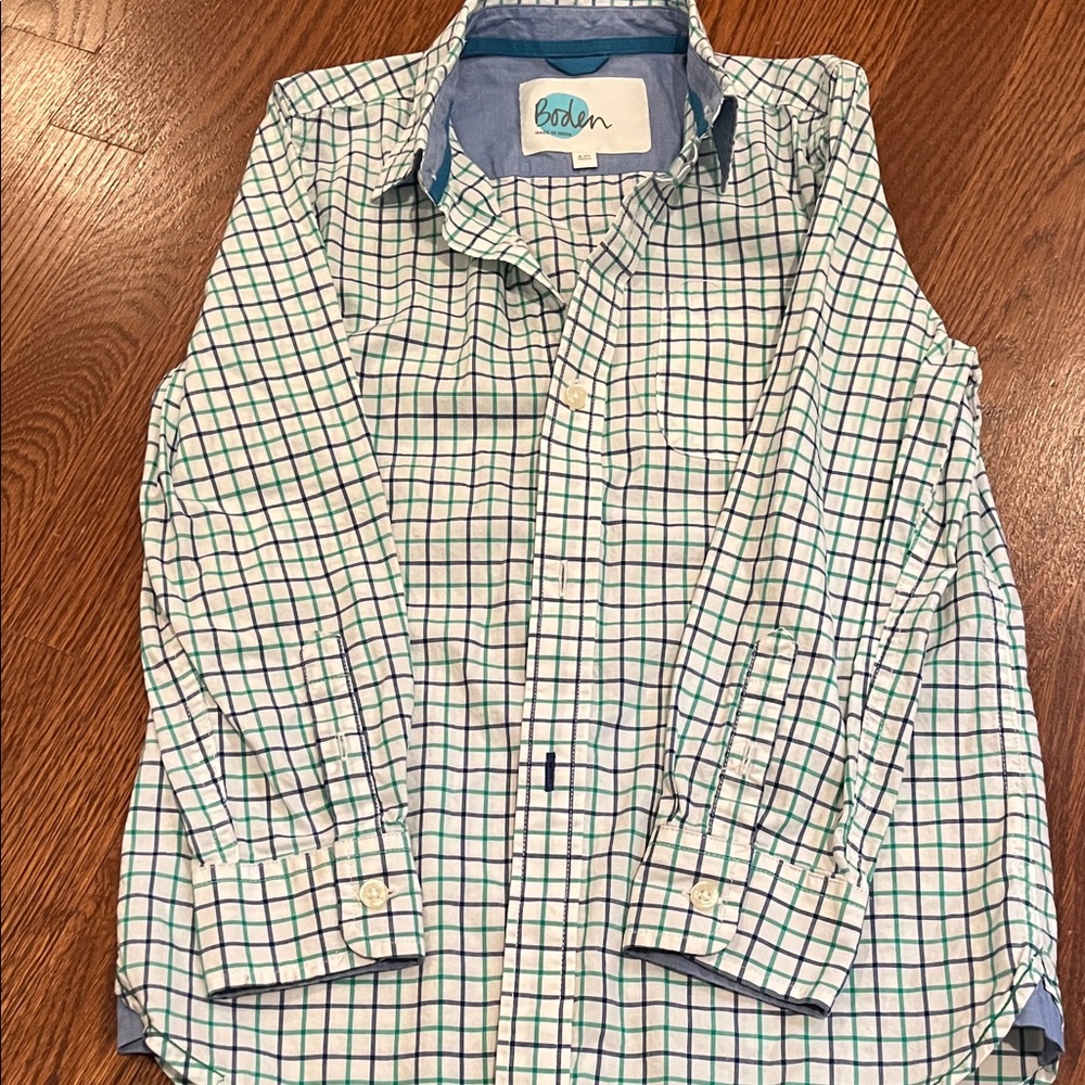 Boden Blue & Green Windowpane Cotton Button-Down Shirt